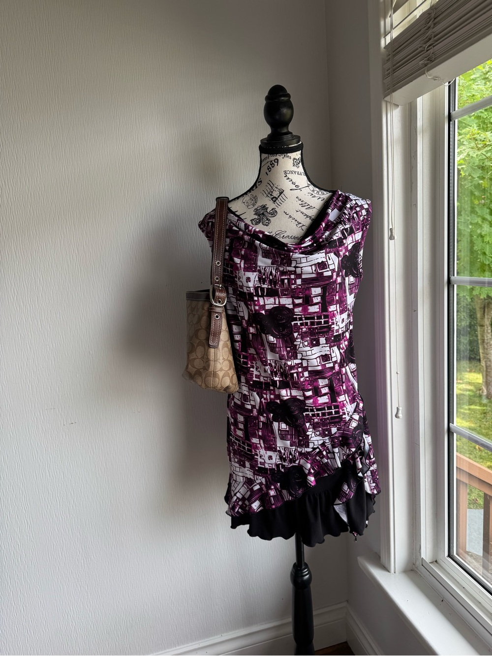 Purple Graphic Cowl Neck Mini Dress with Ruffle Hem